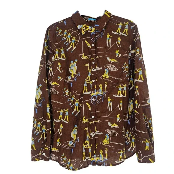 J McLaughlin Lois Button Up Shirt XL Brown AOP Retro Beach Ski Resort Vacation - Picture 1 of 10